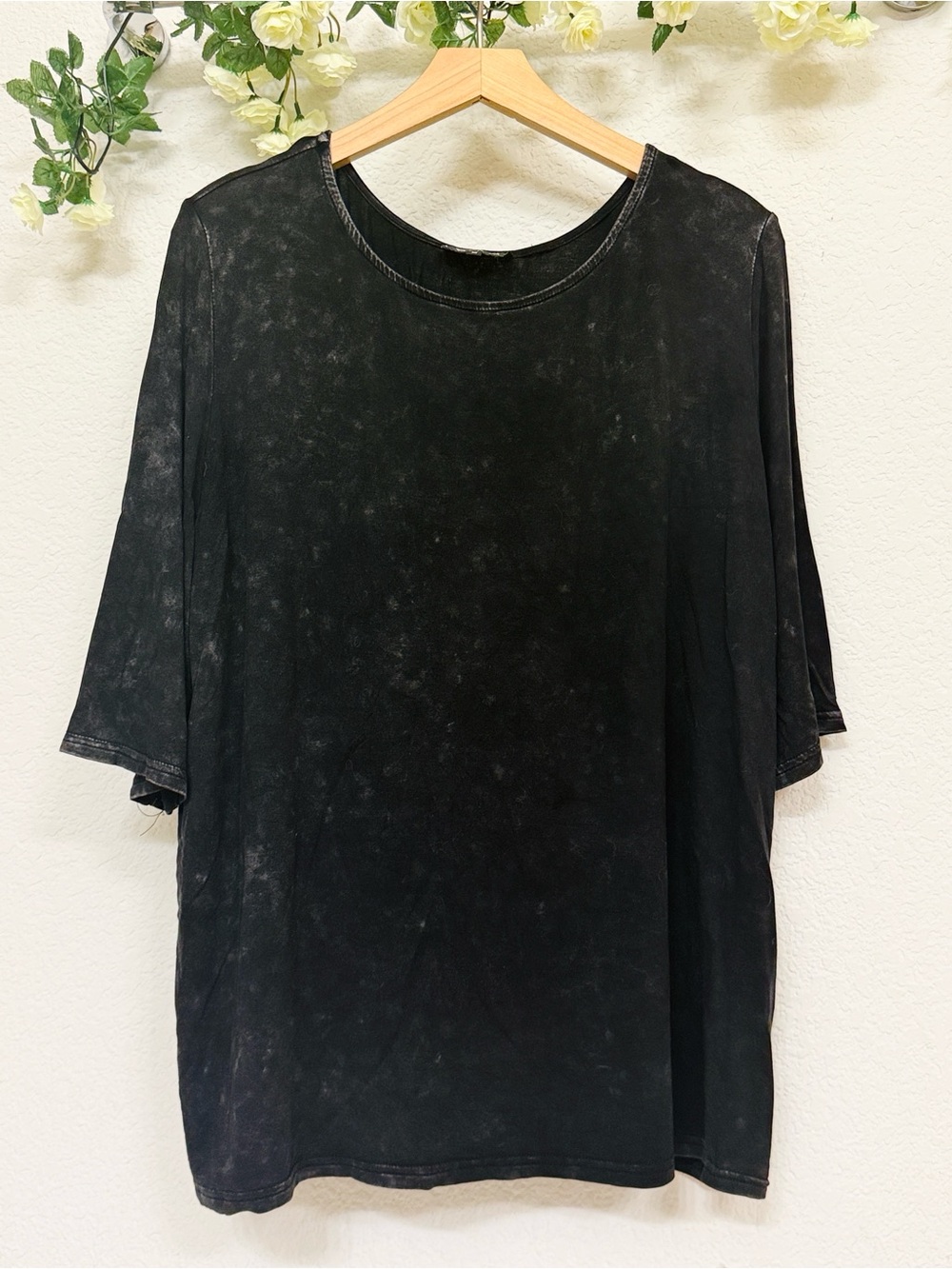 POL • Black Mineral Wash Oversized Boxy Tee Top 3/4 Sleeve